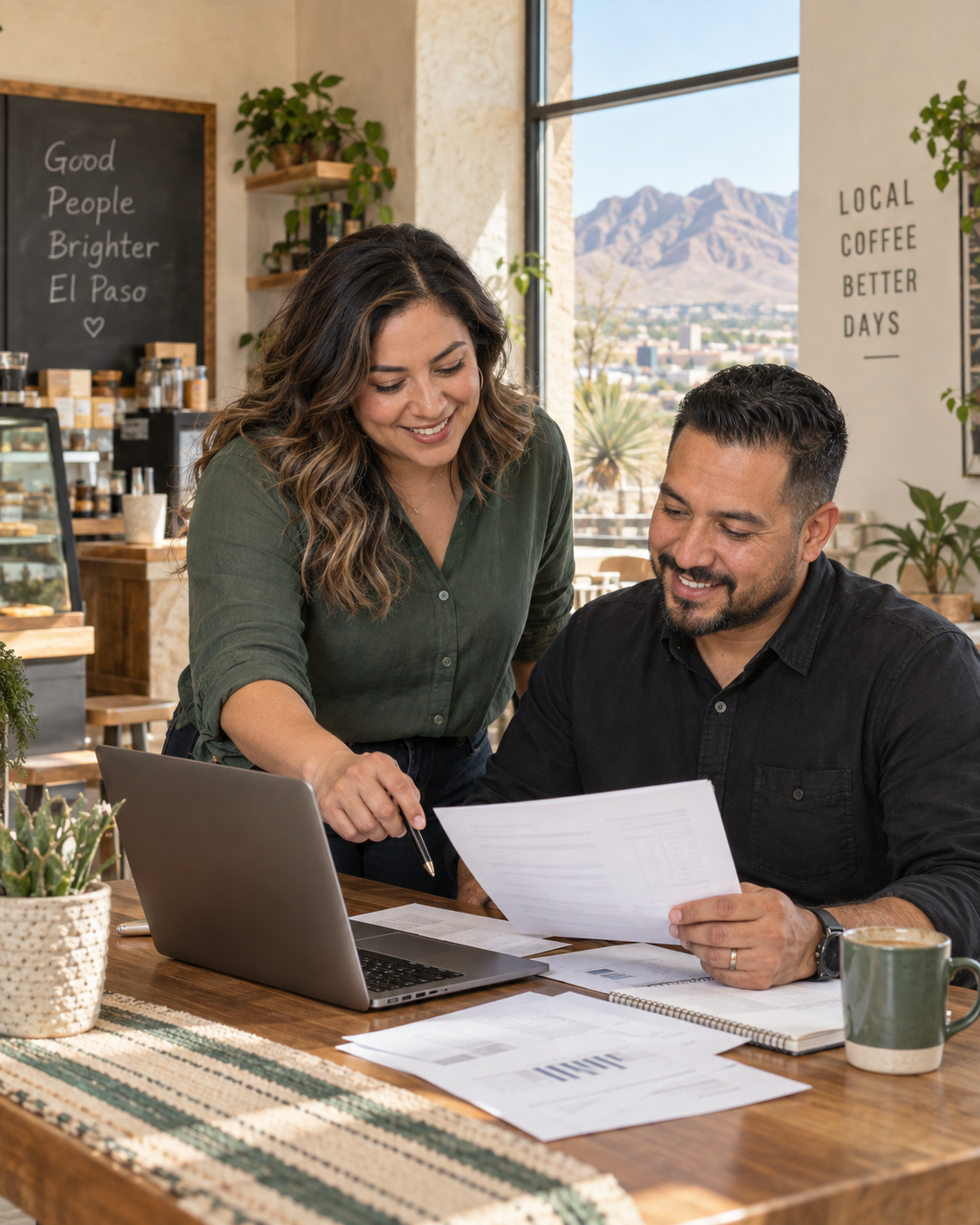 Two El Paso small-business owners reviewing paperwork together in a neighborhood cafe